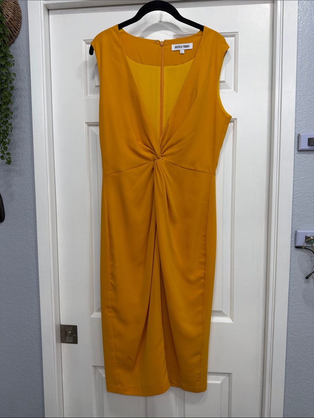 Andrea Iyamah Mustard Twist-Front Sleeveless Midi Dress